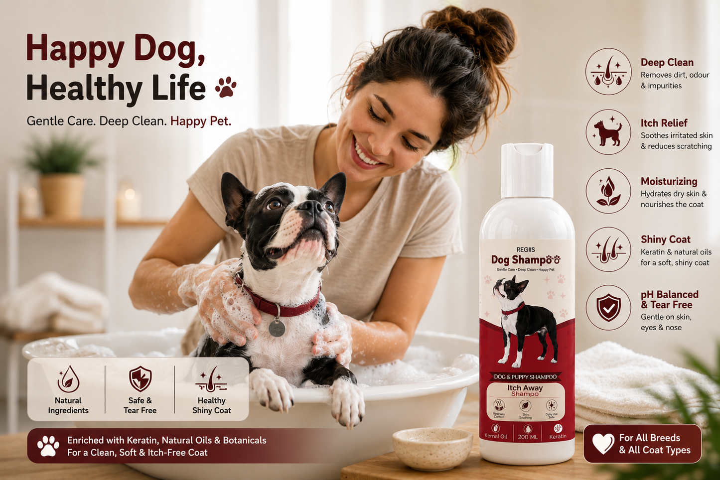 Regiis Itch Away Dog & Puppy Shampoo with Keratin & Kernel Oil | Soothes Itchy Skin | Gentle Daily Care | 200 ml