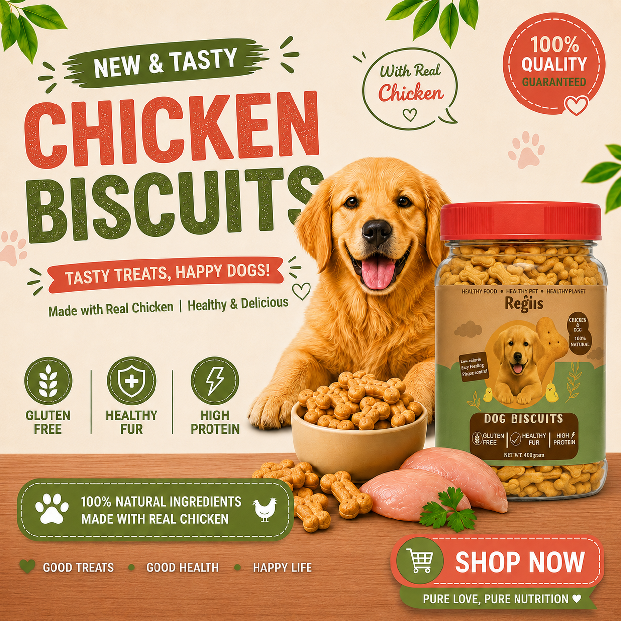 Regiis Dog Biscuits Pack of 2 | Chicken & Egg Flavor | High Protein, Gluten Free Healthy Dog Treats | Training Rewards & Daily Snack | 2 x 400g