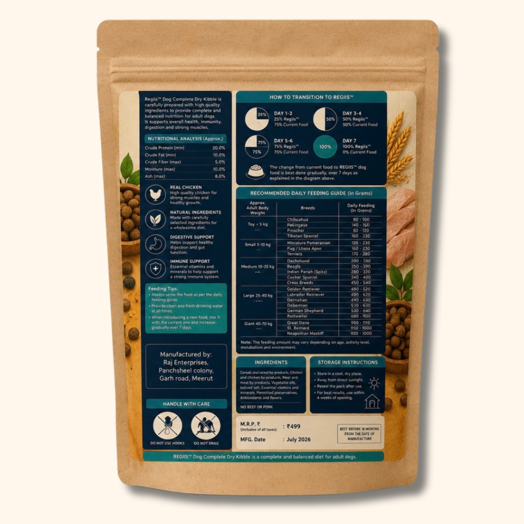Regiis Complete Dry Kibble Dog Food for Adult Dogs | Real Chicken, Cereals & Essential Vitamins | All Breed Adult Dog Food