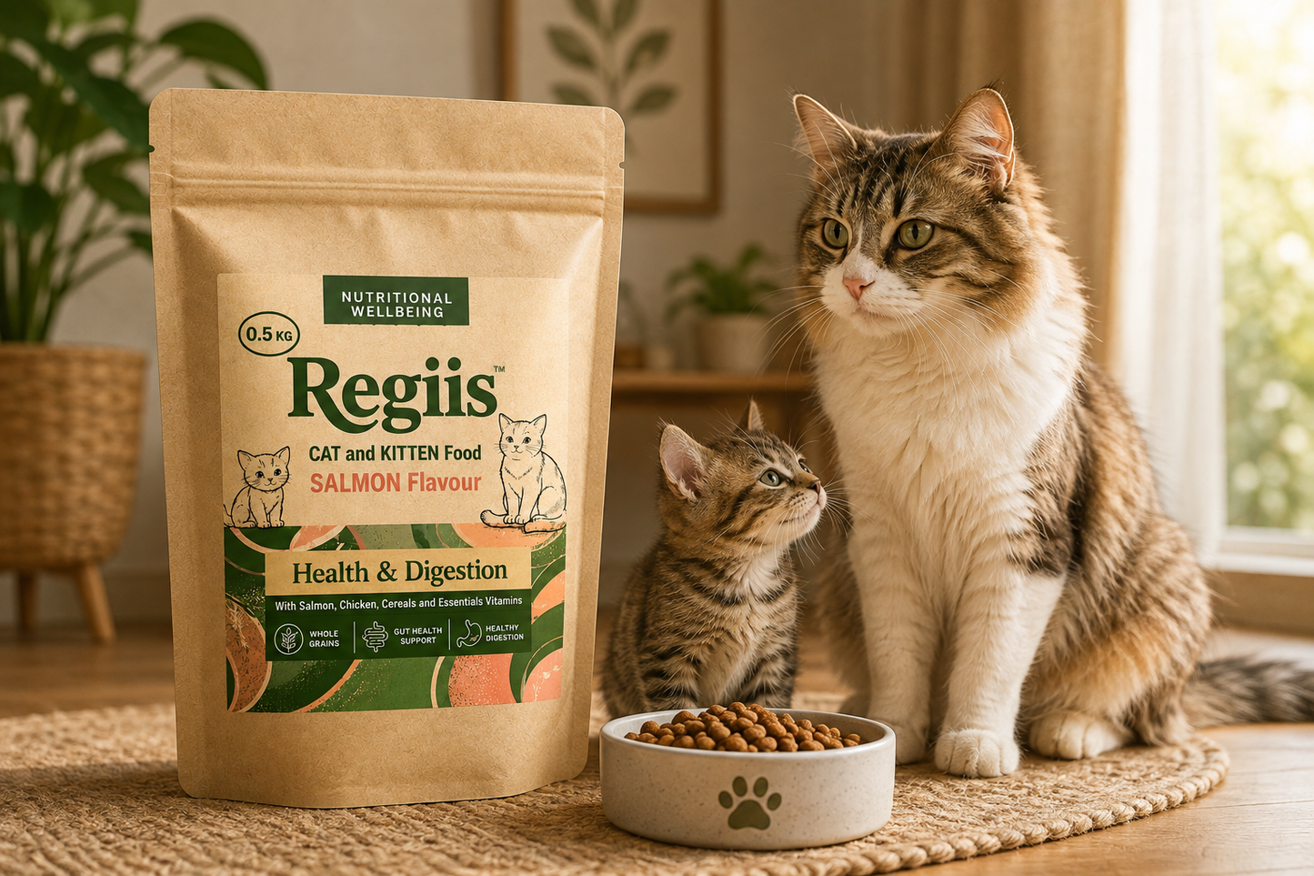Regiis Salmon Flavour Cat & Kitten Dry Food with Chicken & Whole Grains | Healthy Digestion Formula | 500g