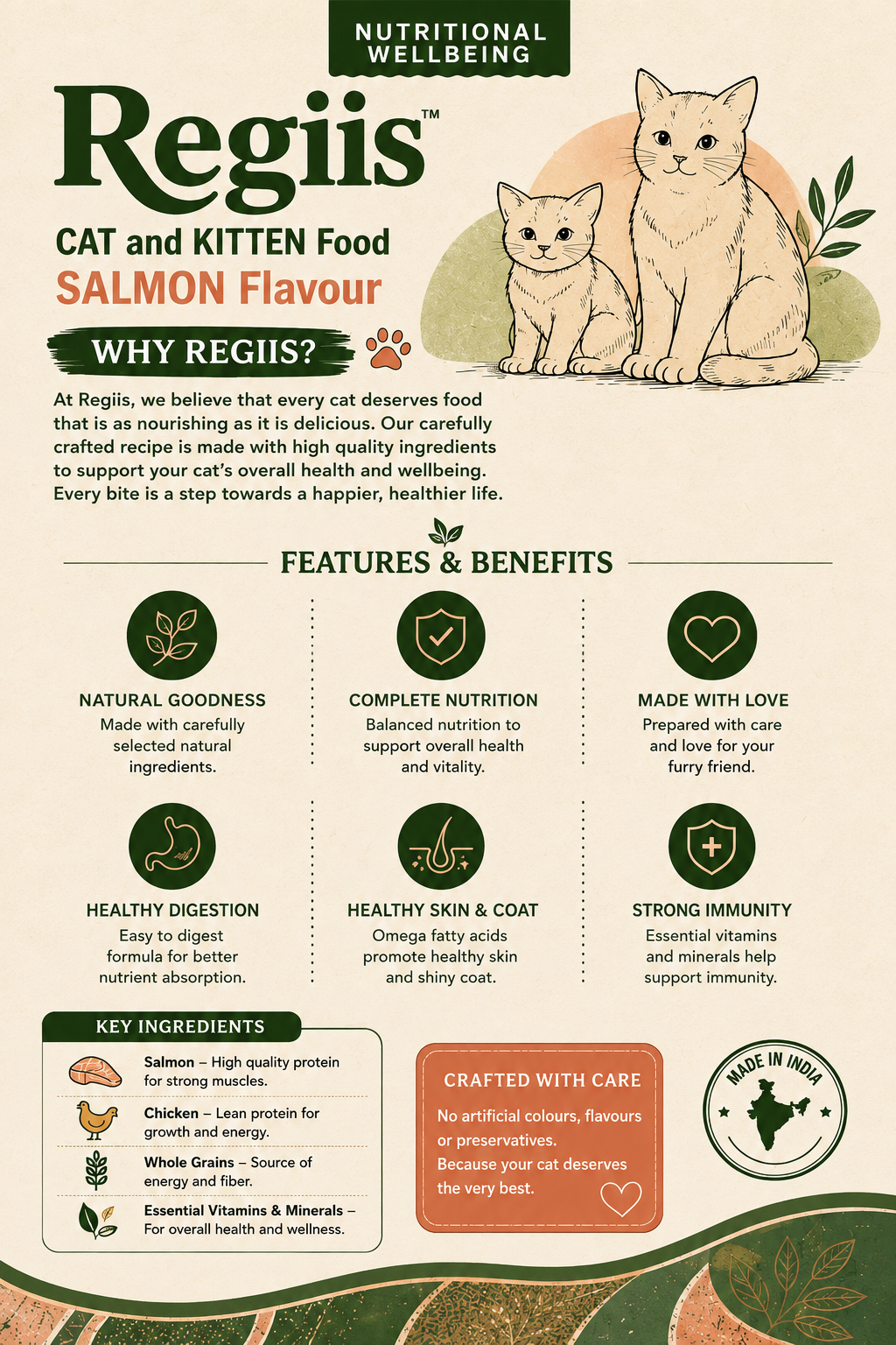 Regiis Salmon Flavour Cat & Kitten Dry Food with Chicken & Whole Grains | Healthy Digestion Formula | 500g