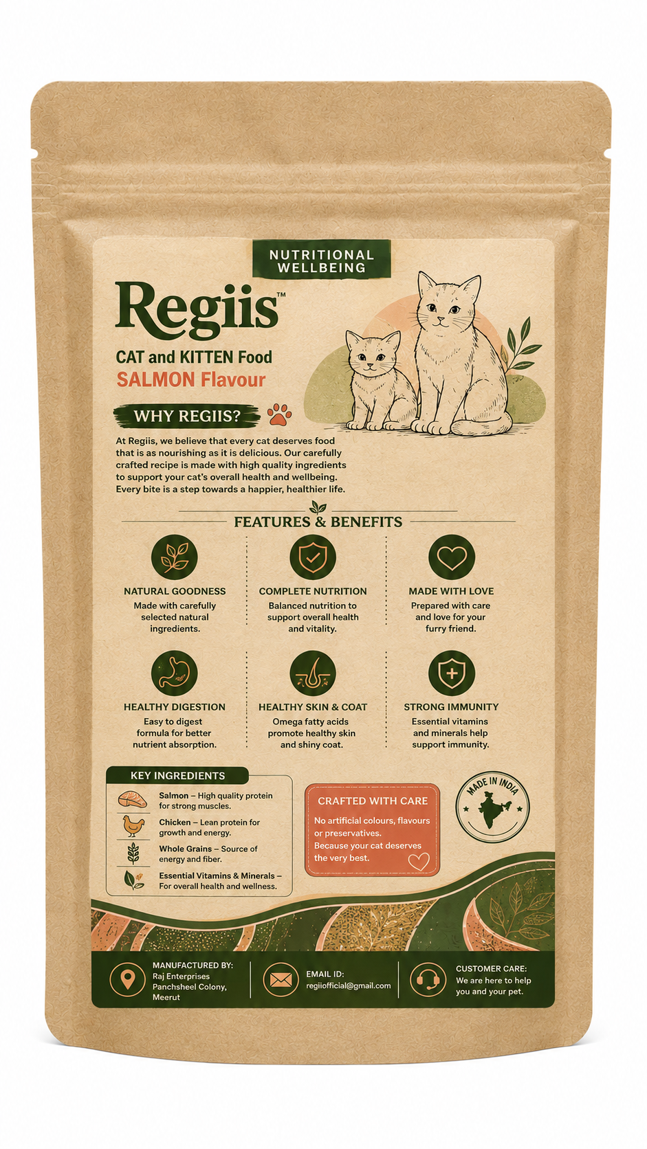 Regiis Salmon Flavour Cat & Kitten Dry Food with Chicken & Whole Grains | Healthy Digestion Formula | 500g