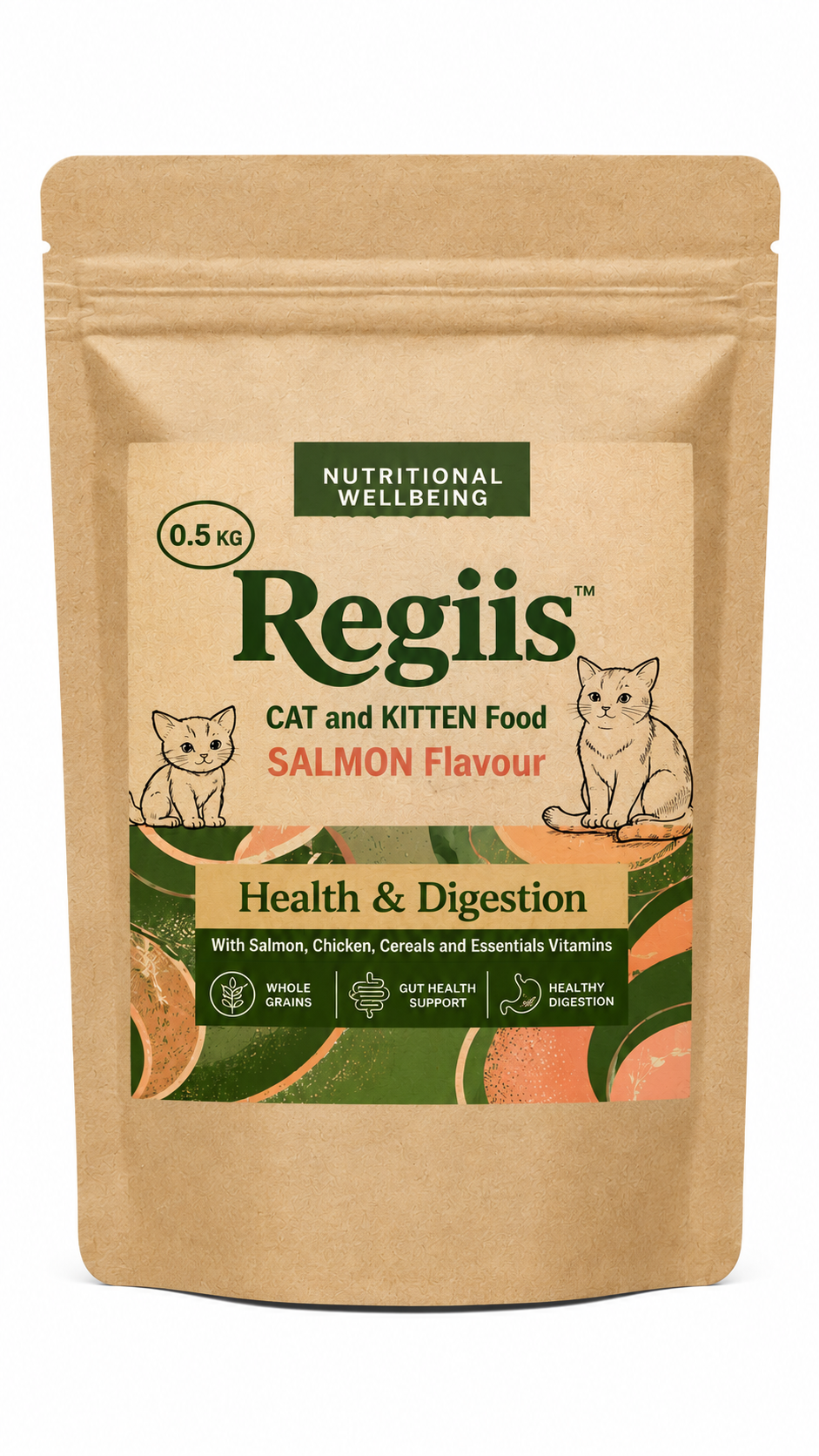 Regiis Salmon Flavour Cat & Kitten Dry Food with Chicken & Whole Grains | Healthy Digestion Formula | 500g