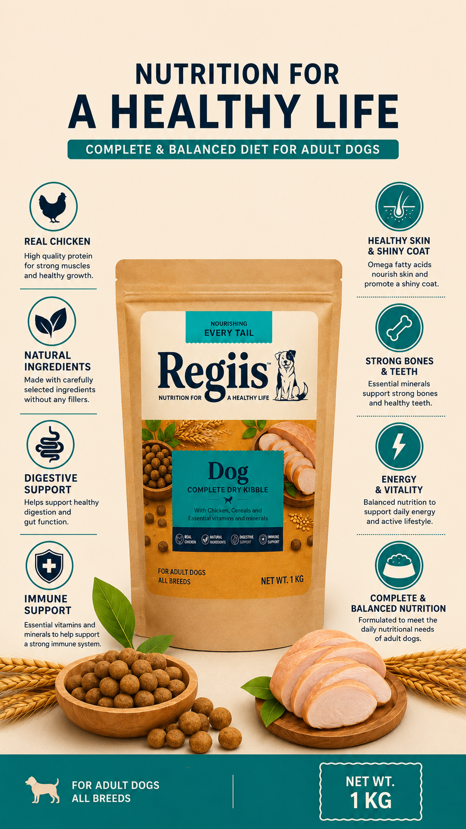 Regiis Complete Dry Kibble Dog Food for Adult Dogs | Real Chicken, Cereals & Essential Vitamins | All Breed Adult Dog Food
