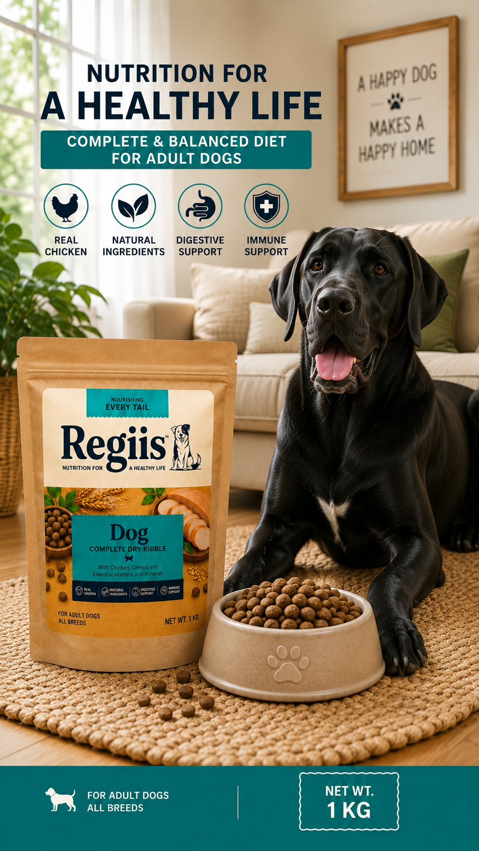 Regiis Complete Dry Kibble Dog Food for Adult Dogs | Real Chicken, Cereals & Essential Vitamins | All Breed Adult Dog Food