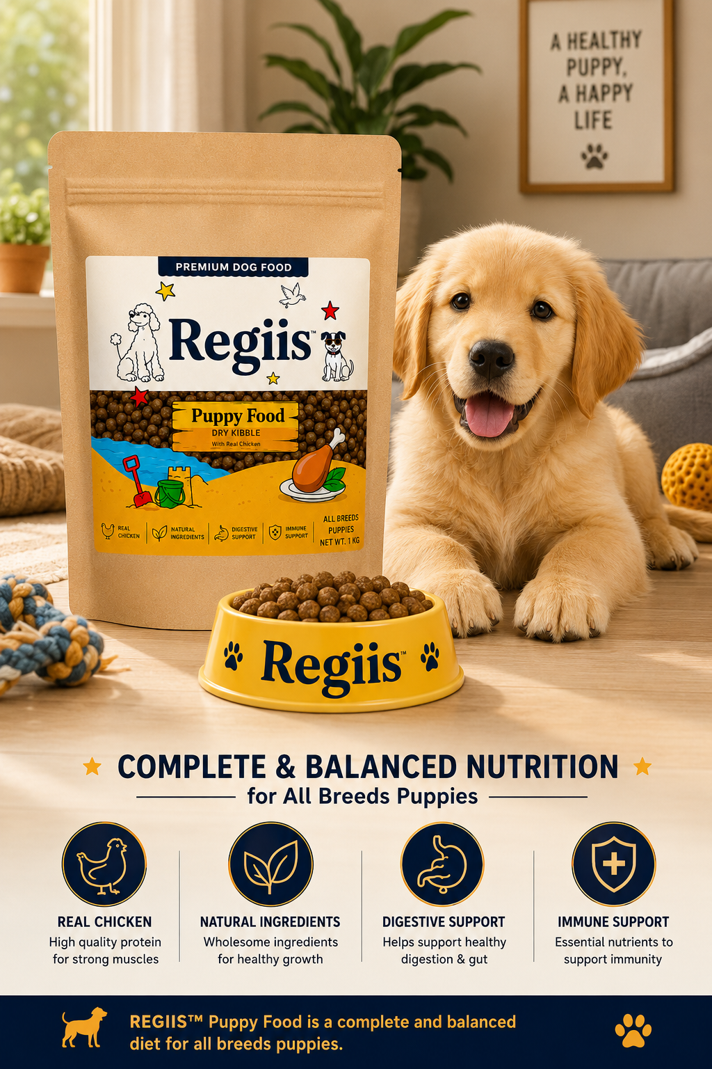 Regiis Premium Puppy Dry Kibble Dog Food with Real Chicken for All Breed Puppies, Complete & Balanced Nutrition, 1 kg