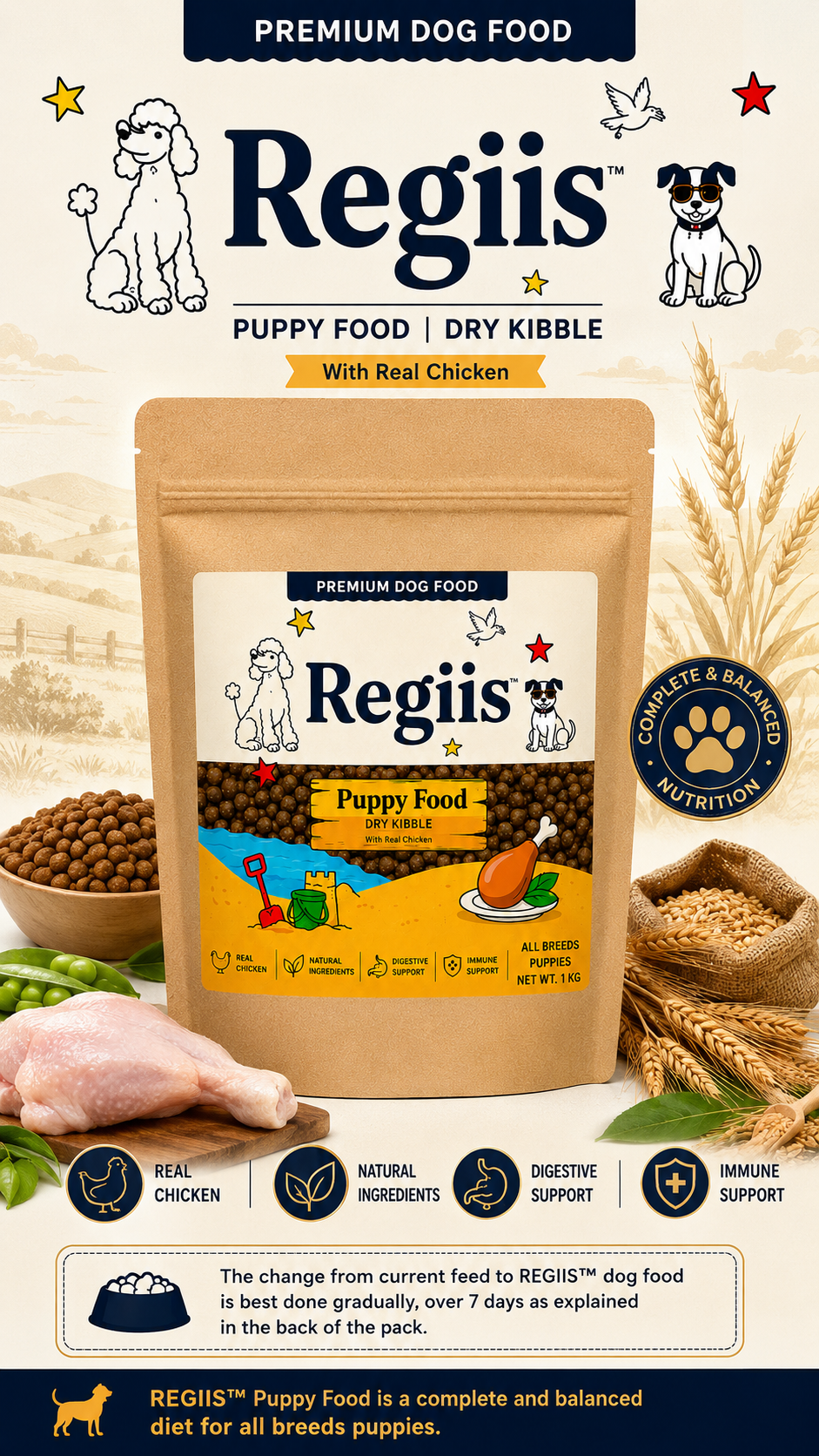 Regiis Premium Puppy Dry Kibble Dog Food with Real Chicken for All Breed Puppies, Complete & Balanced Nutrition, 1 kg