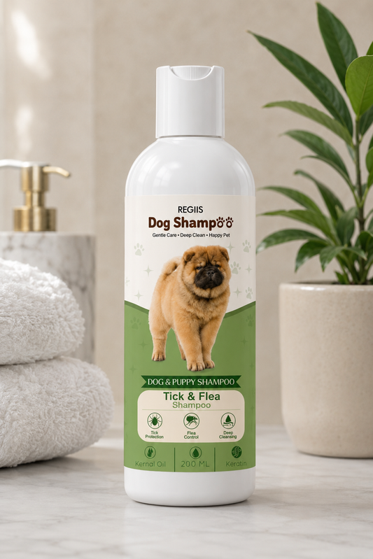 Regiis Tick and Flea dog shampoo bottle, 200ml